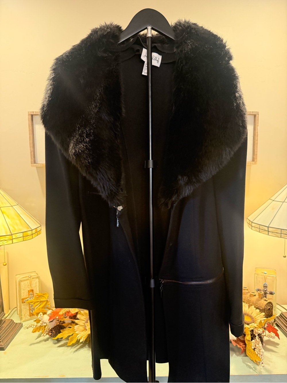 Joseph Ribkoff Black Faux Fur Collar Long Coat Jacket Size 14